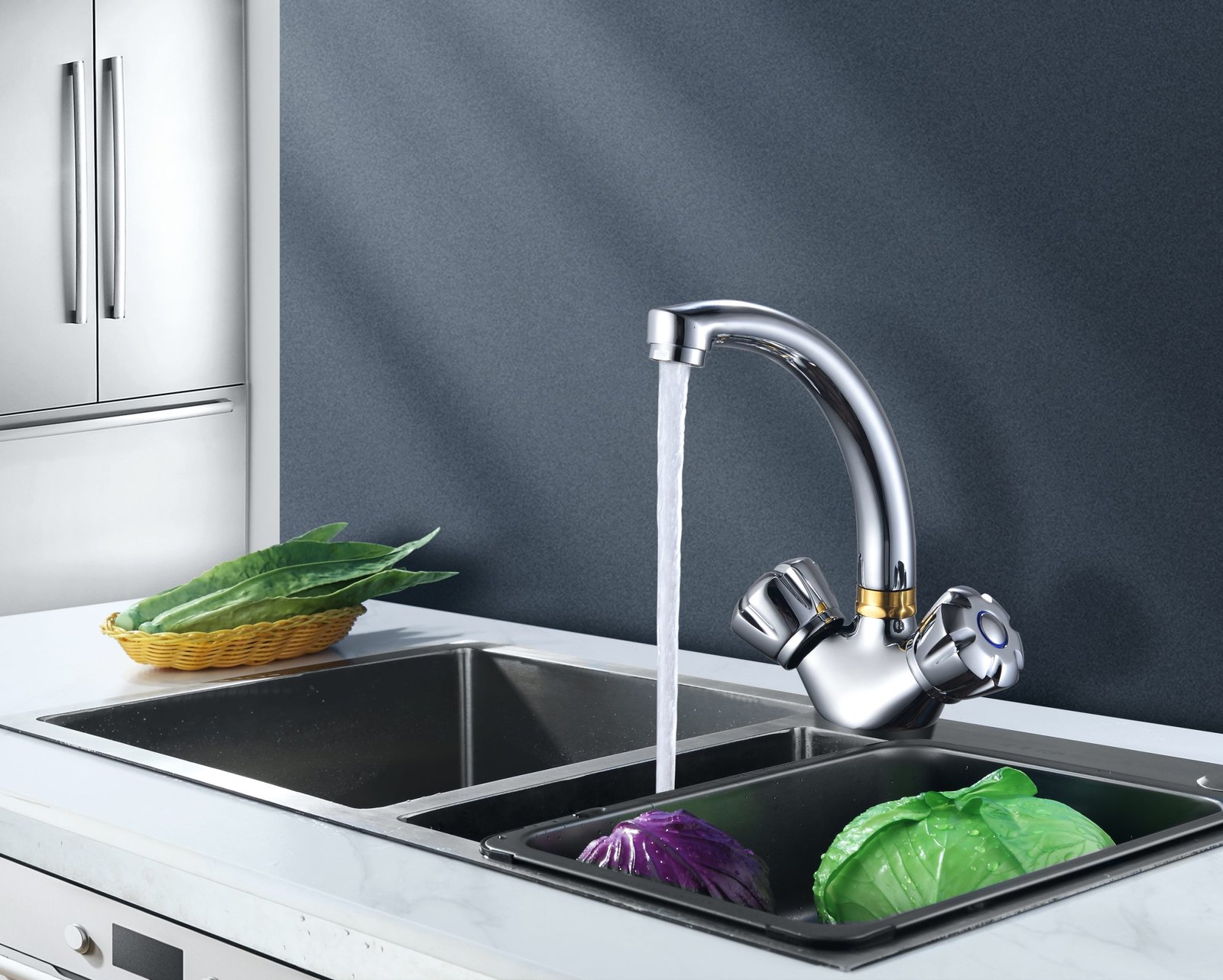 Double Handle Deck-Mounted Foot Kitchen Basin/Sink Mixer